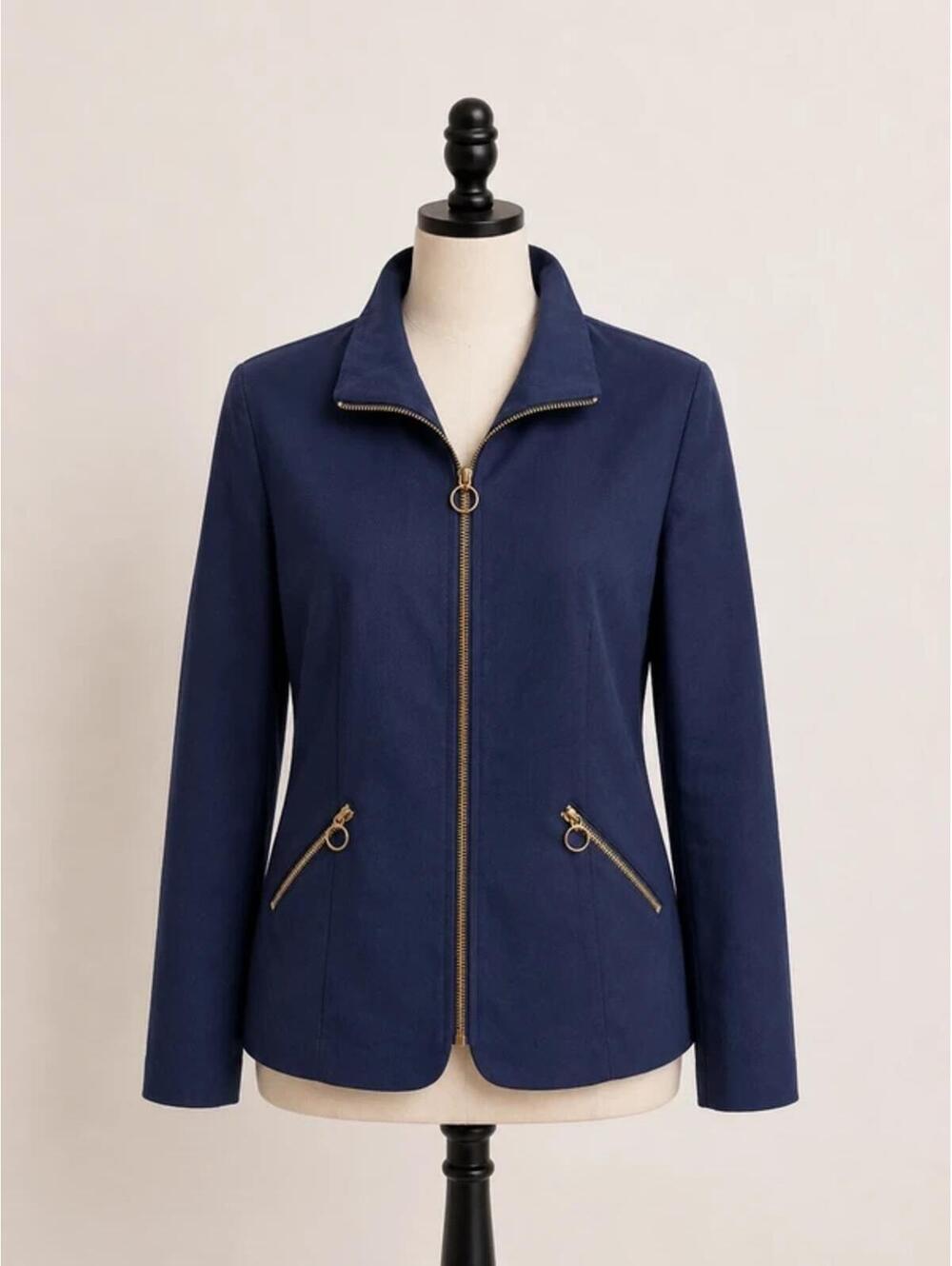 Vintage Navy Linen Blend Zip Jacket Gold Hardware Minimalist Blazer Size 8
